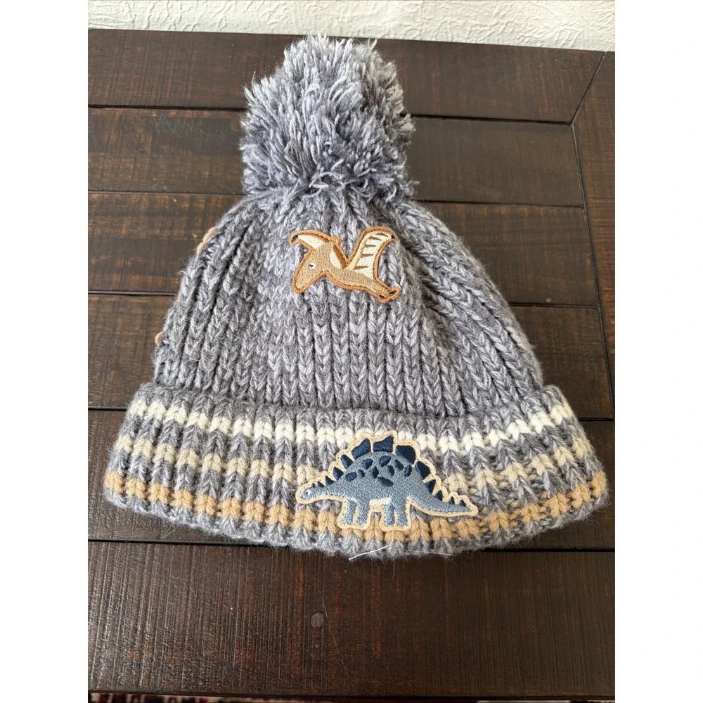 The Children's Place Boys Navy Gray Dinosaur Knit Beanie Hat Pom Pom 2T- 5T